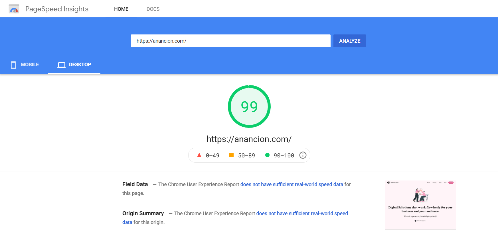 Anancion Google PageSpeed Result